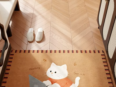 Entryway Hallway Interior With Herringbone Wooden Floor White Slippers And Cat Design Rug 3d model