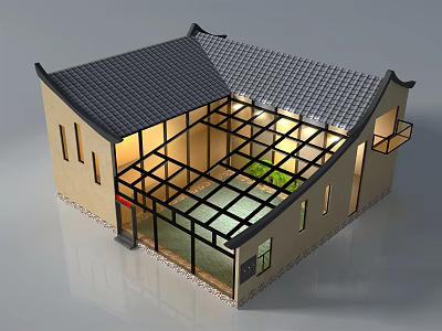 Chinese Style Detached Villa With Gray Tiled Roof Glass Curtain Walls Courtyard And Green Plants 3d model