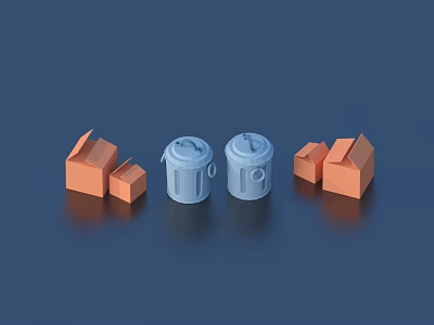 Blue Trash Bins And Orange Storage Boxes On Blue Background For Home Organizing 3d model