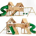 Wooden Outdoor Playground Equipment With Green Slide Swings And Playhouse Structure