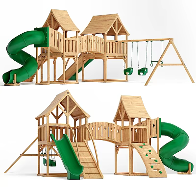 Wooden Outdoor Playground Equipment With Green Slide Swings And Playhouse Structure 3d model
