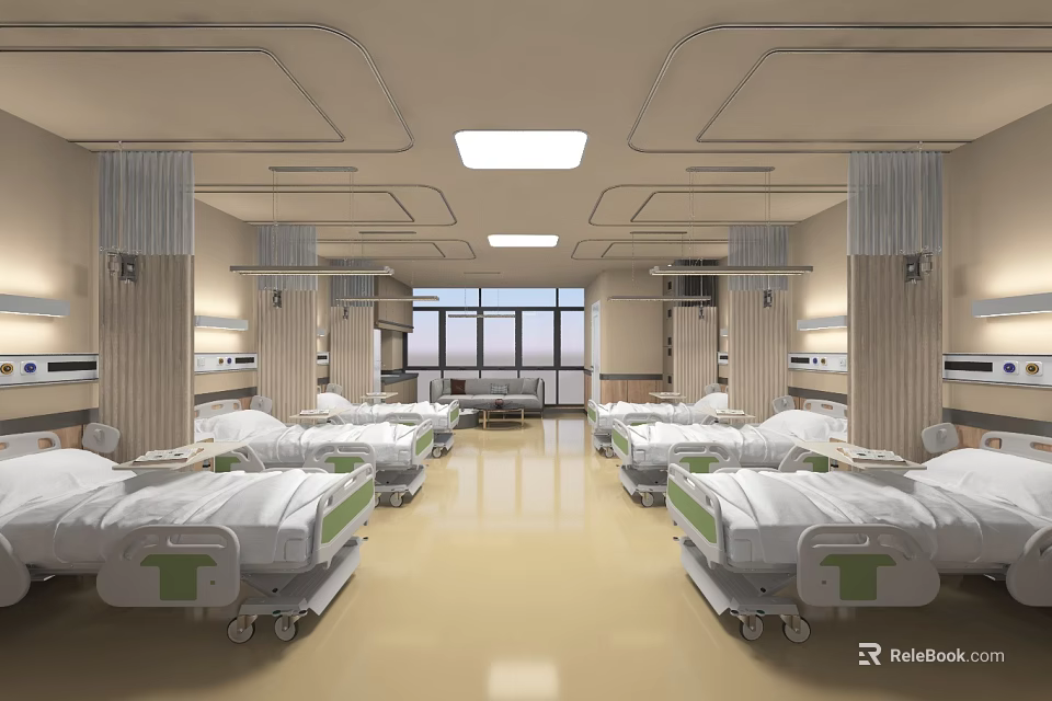 Hospital Ward Interior With Multiple Beds Medical Equipment And Natural Light 3d model 