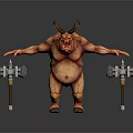 Game and Movie Character Mythical Horned Beast Wielding Double Iron Hammers In Aggressive Battle Stance
