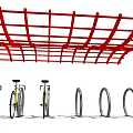 Red Bike Shelter Structure With Curved Metal Frame And Parked Bicycles