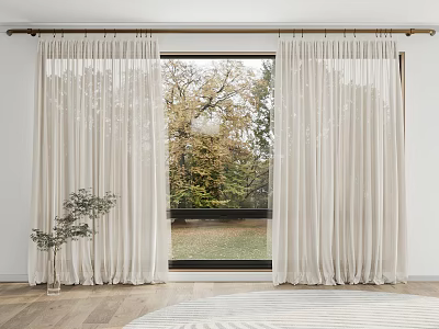 Beige Linen Curtains Hanging On Rod By Window With Trees View And Indoor Plant 3d model