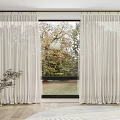 Beige Linen Curtains Hanging On Rod By Window With Trees View And Indoor Plant