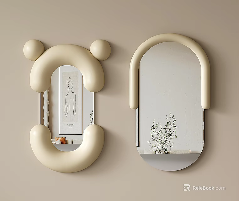 Cream Colored Modern Bathroom Mirrors With Rounded Decorative Frames And Shelf Plant 3d model 