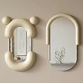 Cream Colored Modern Bathroom Mirrors With Rounded Decorative Frames And Shelf Plant