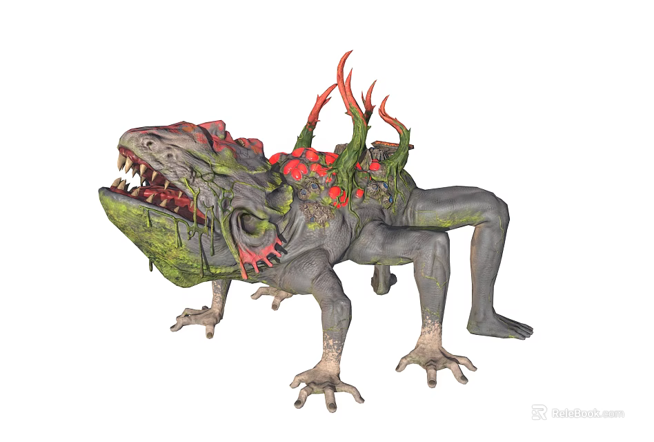 Ferocious Fantasy Creature Character Lizard Like Green Mossy Body Red Horns Sharp Teeth Open Mouth 3d model 