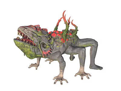 Ferocious Fantasy Creature Character Lizard Like Green Mossy Body Red Horns Sharp Teeth Open Mouth 3d model