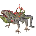 Ferocious Fantasy Creature Character Lizard Like Green Mossy Body Red Horns Sharp Teeth Open Mouth