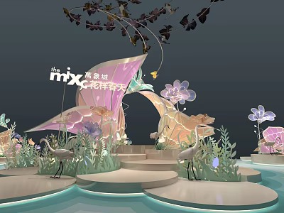 Spring Themed Decorative Installation With Butterflies Flowers Cranes And Illuminated Steps 3d model