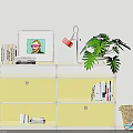 Yellow Entryway Side Cabinet With Drawers Open Shelves Potted Plant Table Lamp Books Artwork