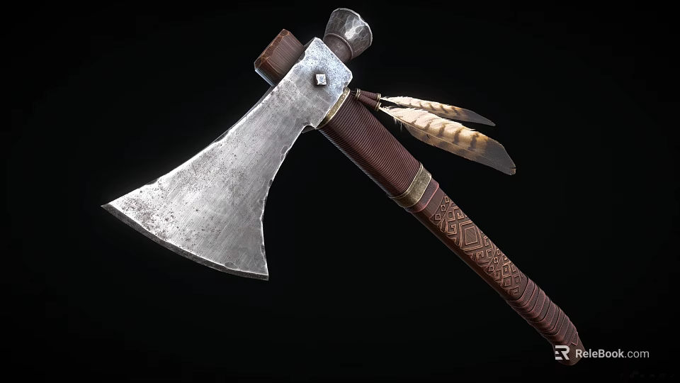 Traditional Handcrafted Axe Weapon With Silver Metal Blade Wooden Handle Feathers And Carvings 3d model 
