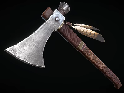 Traditional Handcrafted Axe Weapon With Silver Metal Blade Wooden Handle Feathers And Carvings 3d model