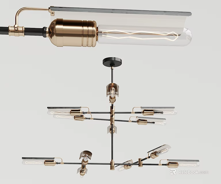 Modern Brass Chandelier With Clear Glass Bulbs And Multi Arm Design Structure 3d model 