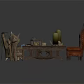 Decorative Building Interior With Wooden Table Ornate Chair Cushions Horns And Papers