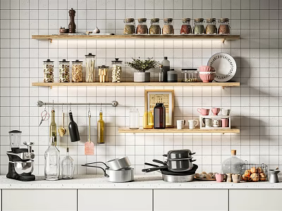 Kitchen Wall Shelves Showcasing Various Kitchenware Jars Pots Mugs And Plants On White Tile Wall 3d model