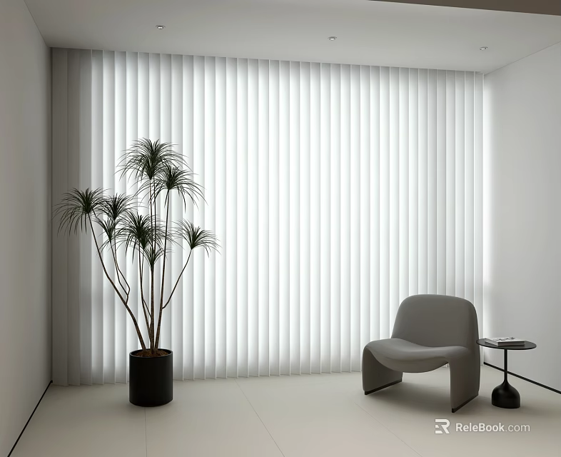 White Vertical Blinds In Modern Minimalist Room With Green Plant And Gray Chair 3d model 