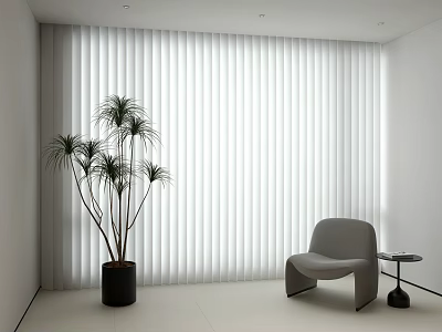 White Vertical Blinds In Modern Minimalist Room With Green Plant And Gray Chair 3d model