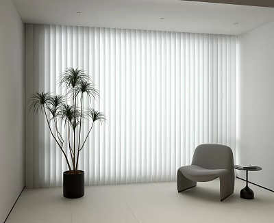 White Vertical Blinds In Modern Minimalist Room With Green Plant And Gray Chair 3d model
