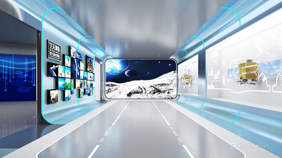 Futuristic Tech Corridor With Multiple Screens Displaying Space And Mountain Scenes 3d model