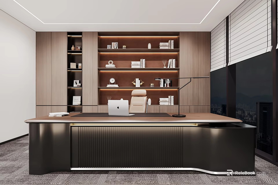 Modern Office Interior With Large Wooden Desk Bookshelves And Floor to Ceiling Windows 3d model 