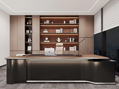Modern Office Interior With Large Wooden Desk Bookshelves And Floor to Ceiling Windows 3d model