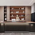 Modern Office Interior With Large Wooden Desk Bookshelves And Floor to Ceiling Windows