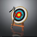 Weapons Such As Axes And Knives Embedded In Target Board With Wooden Stand