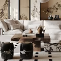 Chinese Style Living Room With Bamboo Decor Screen Sofa Coffee Table And Pendant Lights