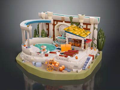 Whimsical Courtyard Scene With Pool Fountain Gazebo Plants Carriage Steps And Pots 3d model