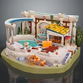 Whimsical Courtyard Scene With Pool Fountain Gazebo Plants Carriage Steps And Pots