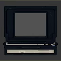 Dark Blue Portable Computer Featuring Open Screen Keyboard Drawer Tray And Small White Device