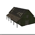 Rustic Green Wooden Barn Exterior With Sloped Roof And Crossed Wooden Beams