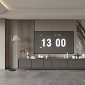 Modern Gray Wooden TV Background Wall With Marble Accent TV Stand Plant And Floor Lamp