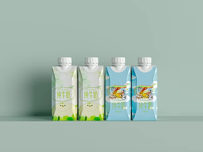 Beverage Bottles With Light Green And Blue Packaging Four Different Label Designs 3d model
