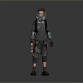 Futuristic Cyberpunk Character In Techwear Suit With Gas Mask And Mechanical Armored Details
