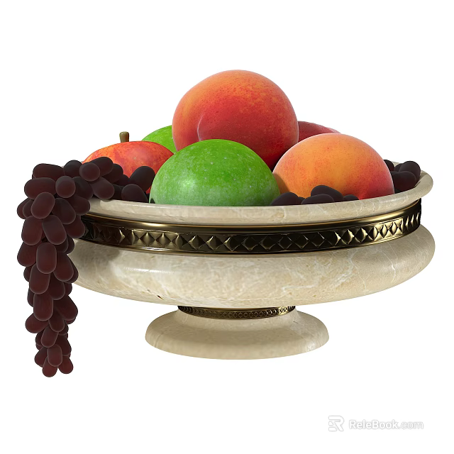 Fresh Peaches Apples And Grapes In Elegant White Marble Base Fruit Bowl With Hanging Grapes 3d model 