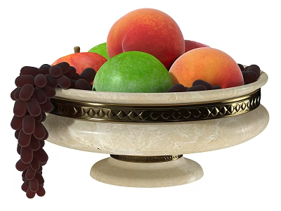 Fresh Peaches Apples And Grapes In Elegant White Marble Base Fruit Bowl With Hanging Grapes 3d model