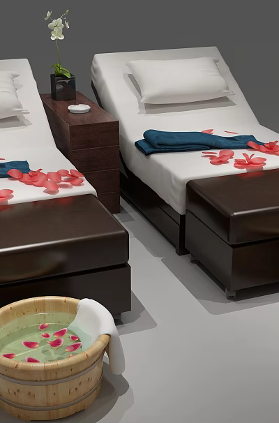 Comfortable Massage Beds With White Pillows Blue Towels Red Petal Sheets And Foot Soak Buckets 3d model