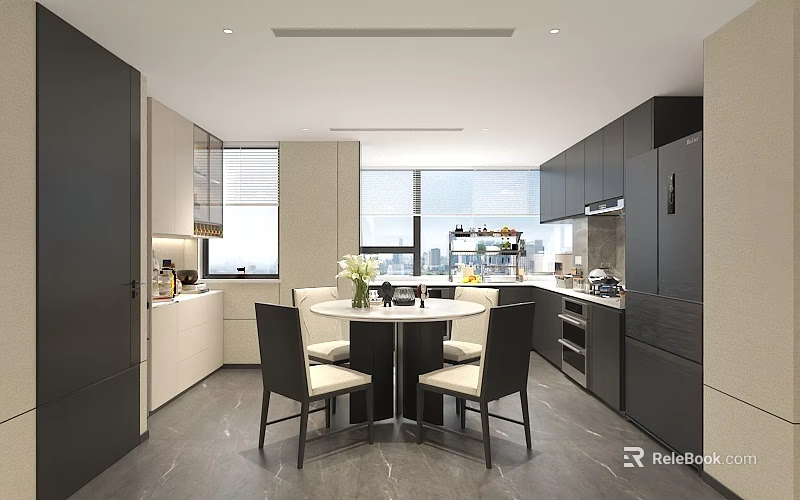 Modern Open Kitchen Interior With Island Dining Table And Cabinets 3d model