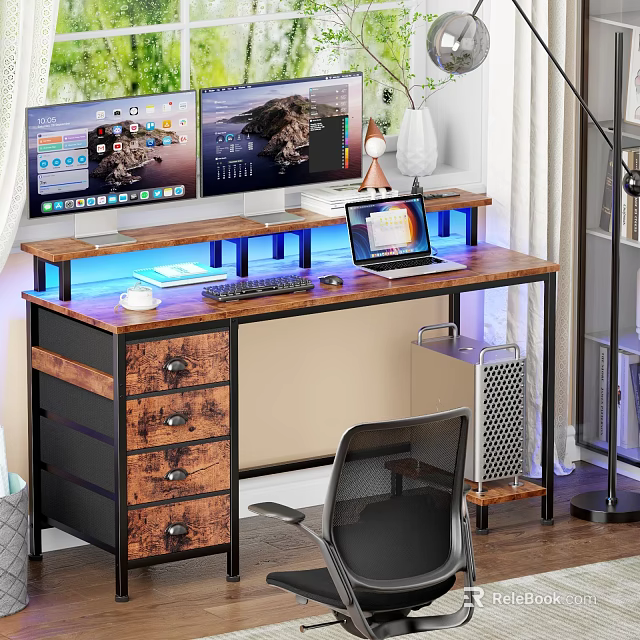 Modern Home Office Desk With Dual Monitors Laptop Keyboard Mouse And LED Lights 3d model 