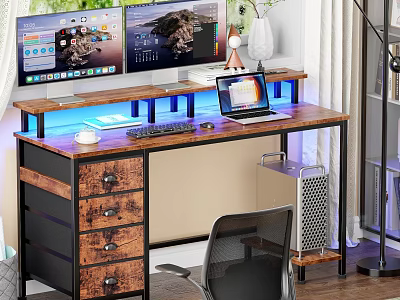Modern Home Office Desk With Dual Monitors Laptop Keyboard Mouse And LED Lights 3d model