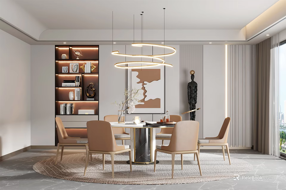 Elegant Modern Restaurant Interior With Round Dining Table Beige Chairs Circular Pendant Lights And Artwork 3d model 