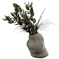 Gray Irregular Shaped Textured Vase With Green Eucalyptus Leaves And Slender Grass 3d model
