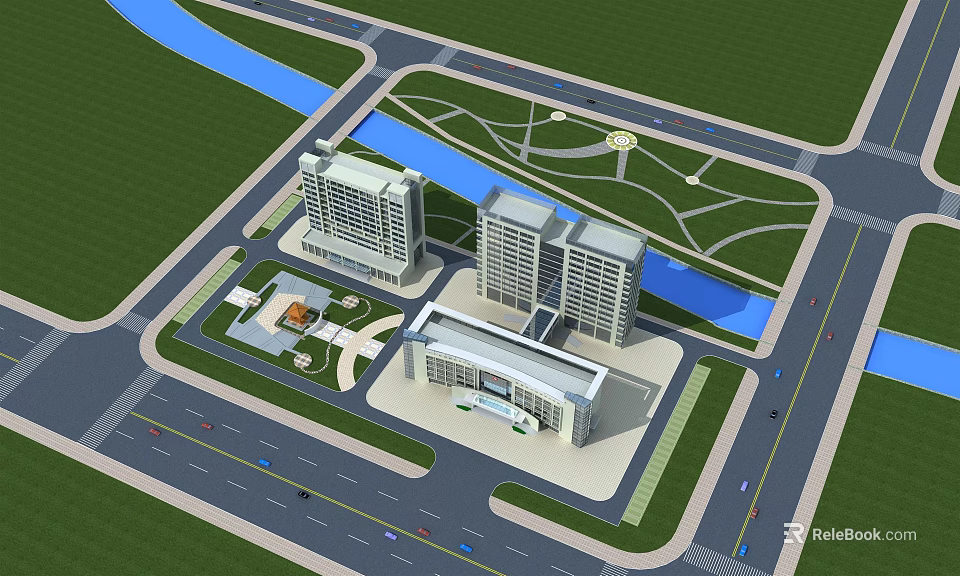 Modern Hospital Building Complex With River Road And Green Surroundings 3d model 