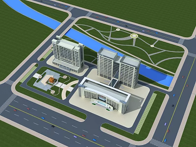 Modern Hospital Building Complex With River Road And Green Surroundings 3d model