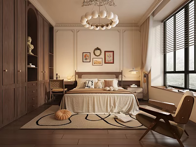 Modern Bedroom Interior Design With Wooden Wardrobe Chandelier And Area Rug 3d model