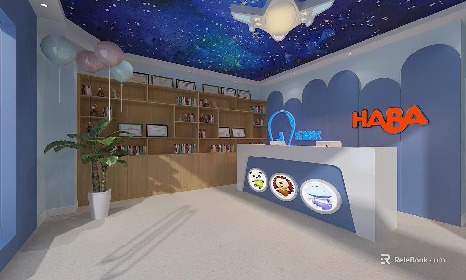 Bright HABA Kids School Interior with Starry Sky Ceiling Reception Desk Bookshelves and Balloons 3d model 